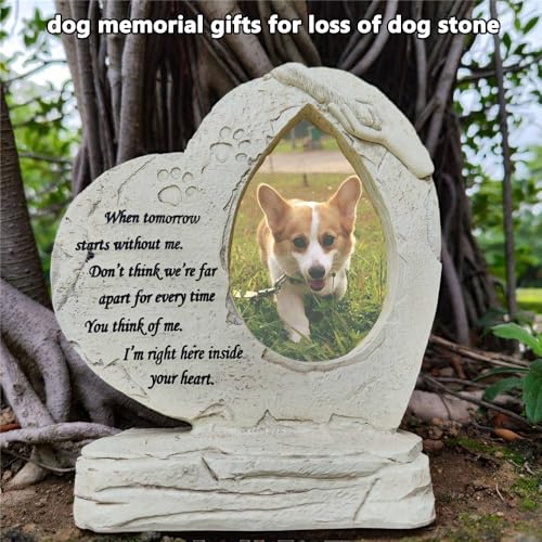Pet Memorial Stone Headstone Grave Marker for Dog Loss Gift | Pet Dog Gravestone Tombstone, with Photo Frame, Outdoor or Indoor, Handmade of Resin, Heart Shape, Paw Prints Design