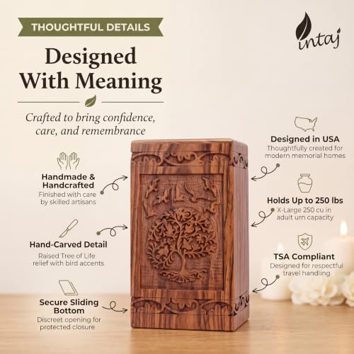 Tree of Life Wooden Urn for Human Ashes, XX-Large 640 cu in, Rosewood - color: Rosewood Tree and Birds, size: XX-Large (640 lbs)