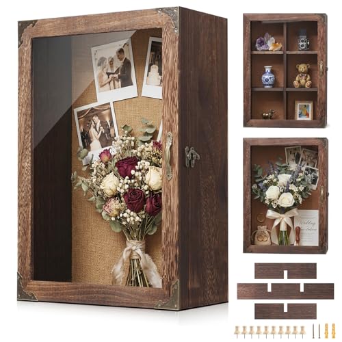 Shadow Box Frame 12x16, 4.7 inches deep, Display Case with Removable Shelves & 6 Compartments, Large Memory Box for Photos, Keepsakes, Wedding, Collectibles - color: 11x16 Carbonized