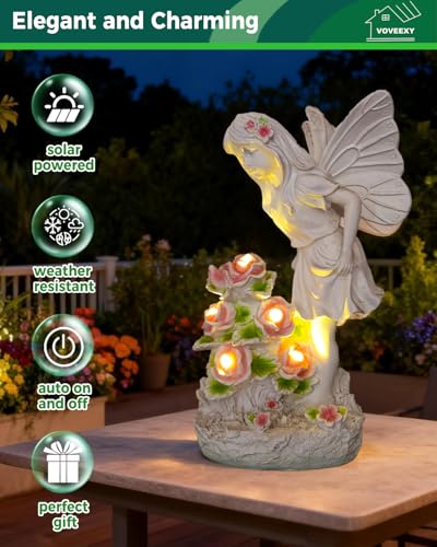 Voveexy Garden Figurines Angel Garden Statue Outdoor Decor, Solar Powered Resin Sculpture with 5 LEDs Art Decoration for Patio Lawn Yard Porch, Ornament Housewarming Gift, 11“ H