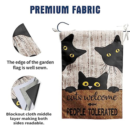 Black Cat Garden Flag Cats Welcome People Tolerated Sign Flag Halloween Banners for Outside 12 X 18 Double Sided Cat Lovers Gifts for Women - color: catscome