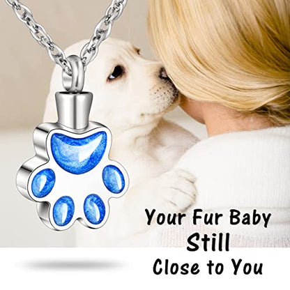 abooxiu Paw Print Urn Necklace for Ashes Cremation Necklace for Pet Ashes Stainless Steel Ash Necklace Memorial Ash Holder - color: Blue-Engraving