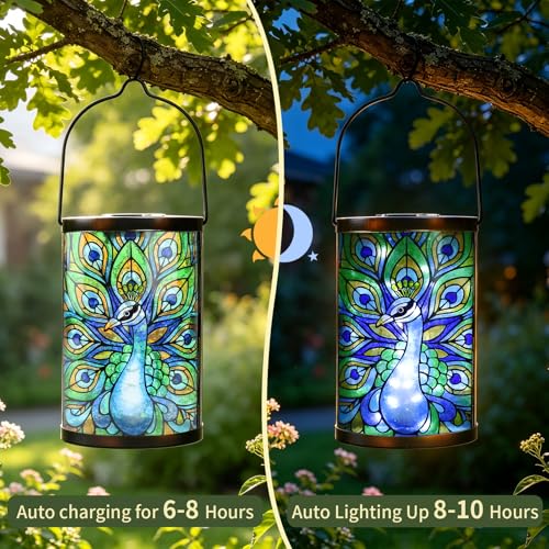 MUMTOP Peacock Glass Solar Lantern Waterproof Outdoor Hanging Garden Light - color: Teal