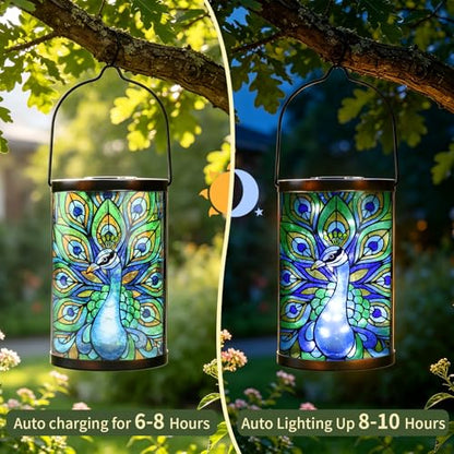 MUMTOP Peacock Glass Solar Lantern Waterproof Outdoor Hanging Garden Light - color: Teal