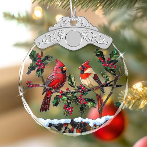 Stained Glass Ornament - Cardinal Birds Christmas Ornaments - Xmas Decor - Ornaments for Christmas Tree - Holiday Presents - Gift Exchange Ideas - Car Hanging Decoration - Wine Bottle Decor - color: Two Cardinals on Holly Branch