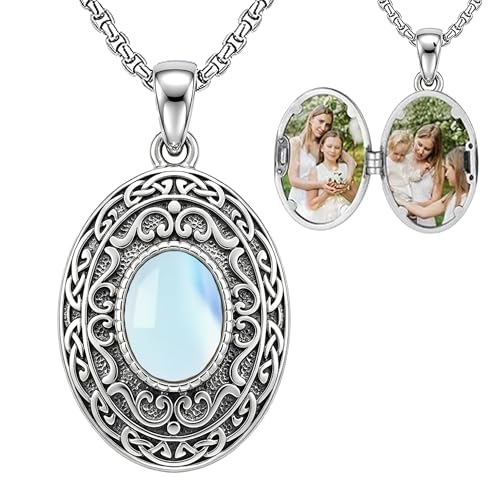 Locket Necklace 18K White Gold Plated Opal Locket Necklace that Holds Pictures Photo Personalized Memorial Jewelry Gifts for Women