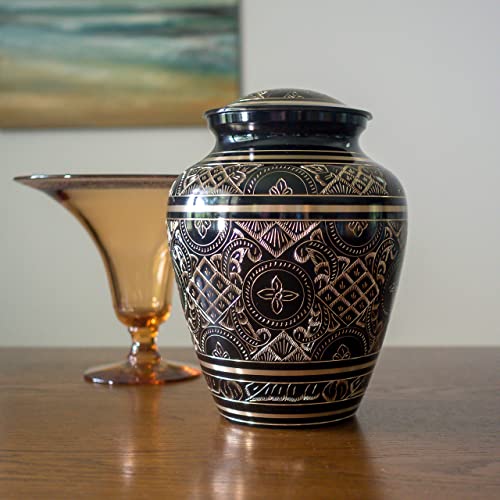 Black Elegance Brass Cremation Urn for Ashes, Brass, Black Urn, Adult Sized Cremation Urn, 9.25 Inches High