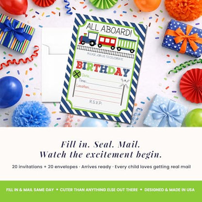 Train Birthday Party Invitations for Boys, 20 5x7 Fill In Cards with Twenty White Envelopes by AmandaCreation - style: Train
