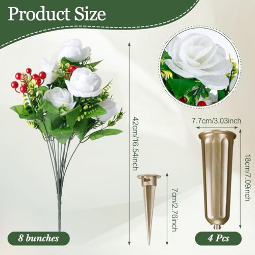 Tigeen 4 Sets Artificial Cemetery Flowers with Vase for Grave,Gold, White - color: Gold, White