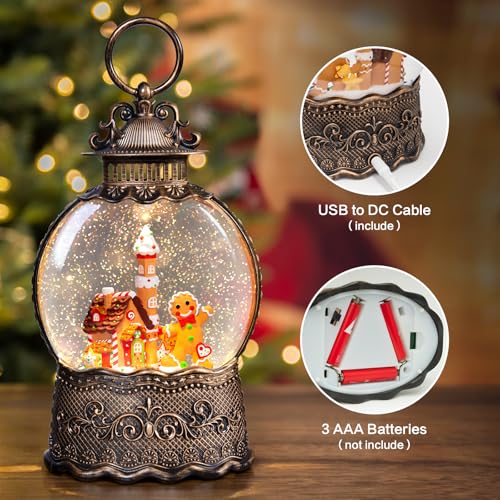 Christmas Snow Globes Lantern, Gingerbread Man Musical Snow Globes with Swirling Glitter Effects, USB/Battery Powered with 6-Hour Timer, Christmas Decorations - color: Gingerbread Man