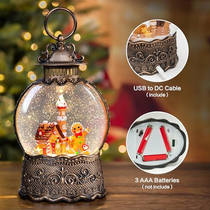 Christmas Snow Globes Lantern, Gingerbread Man Musical Snow Globes with Swirling Glitter Effects, USB/Battery Powered with 6-Hour Timer, Christmas Decorations - color: Gingerbread Man