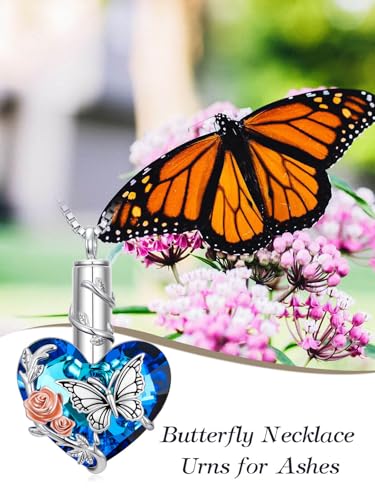 WINNICACA Silver Cremation Urn Necklaces for Ashes of Loved Ones - style: Rose Butterfly Crystal Necklace