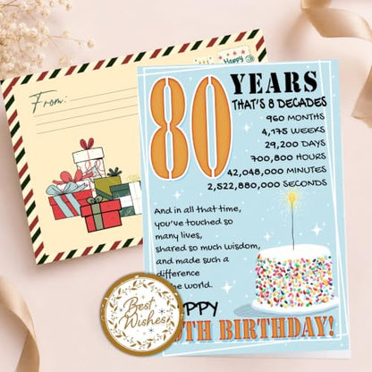 80th Birthday Card, 80th Birthday Cards for Women Men with Seal and Envelope, 80 Year Old Birthdayy Card for Mom Dad Grandma Grandpa Uncle Aunt Friend Family from Son Daughter Granddaughter Grandson - color: 80th