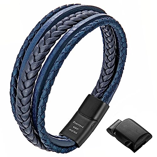 Mens Leather Bracelet with Clasp Cowhide Multi-Layer Braided Leather Mens Bracelet - style: Blue Rope&Black Clasp 8.7
