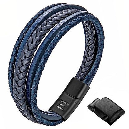 Mens Leather Bracelet with Clasp Cowhide Multi-Layer Braided Leather Mens Bracelet - style: Blue Rope&Black Clasp 8.7