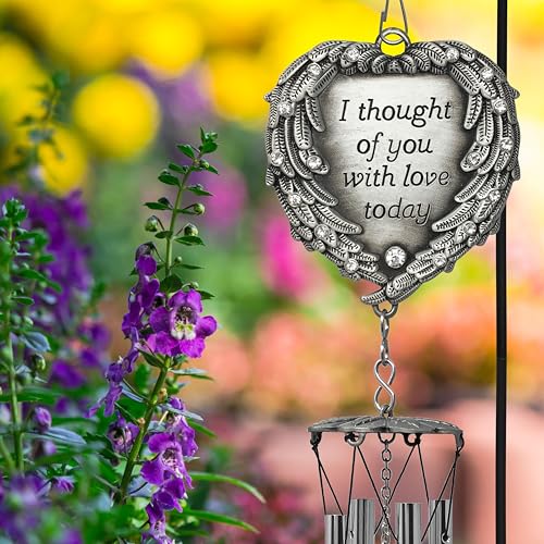 Memorial Wind Chimes Outdoor – Sympathy Gift Loss of Loved One – I Thought of You with Love Today Poem – Angel Wings Heart Teardrop Charm – in Loving Memory Wind Chime - 23 Inch