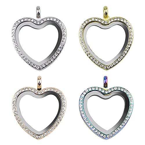 WANDIC Rhinestone Photo Charm, Rose Gold Heart Crystal Photo Pendant Bridal Wedding Bouquet Charms Living Floating Memory Locket for 2 Pictures - color: Mixed