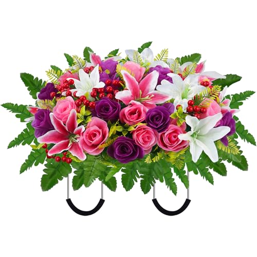Grave Flowers for Cemetery Headstone Flower Saddle Pink Purple Rose Lily | Silk Cemetery Flowers Outdoor UV Resistant Tombstones Grave Decorations Suitable for Women