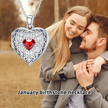Heart Locket Necklace 925 Sterling Silver Personalized Picture Locket Pendant Birthday Christmas Jewelry Memorial Gifts for Women - color: January Crystal Locket