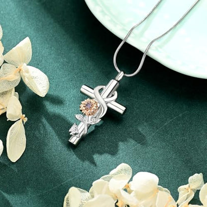 Cross Sunflower Cremation Jewelry Urn Necklaces Cross Urn Pendant Necklaces for Ashes Memorial Keepsake Pendant for Women Men Gifts With Funnel Kit & Bag - color: Rose+Purple
