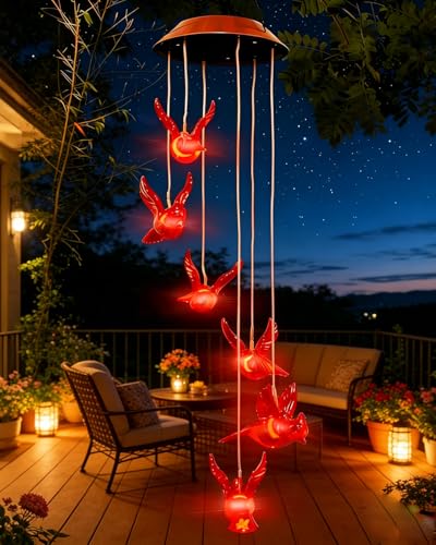 Cardinal Solar Wind Chimes, Cardinal Red Bird Solar Lights Outdoor | Mobile Hanging Wind Chimes for Outside Garden Yard Patio Porch Party Decor, Birthday Gardening Gifts for Mom Women Grandma