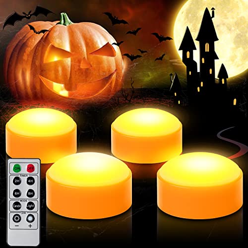 4 PCS Halloween Pumpkin LED Lights with Remote Timer Bright Flickering Battery Operated Jack-O-Lantern Electric Flameless Candles for Halloween Decorations Gift Supplies Orange Color - color: Orange Pumpkin Lights (4 PCS)