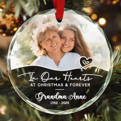 Custom Forever in Our Hearts Memorial Ornament, in Memory of Mom Photo Ornament Memorial Gifts for Loss of Mother in Memory of Loved One Gifts Bereavement Christmas Decorations - color: #02 Memorial Onm