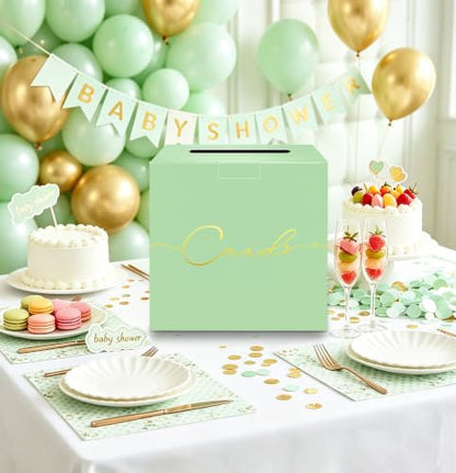 HEIPINIUYE Sage Green Wedding Card Box with Gold Foil 9.8" x 9.8" Green Large Gift Card Box for Party Wedding Reception Graduation Birthday Baby Shower Cardboard Raffle Envelope Box with Slot - color: Sage Green Card Box with Gold Foil