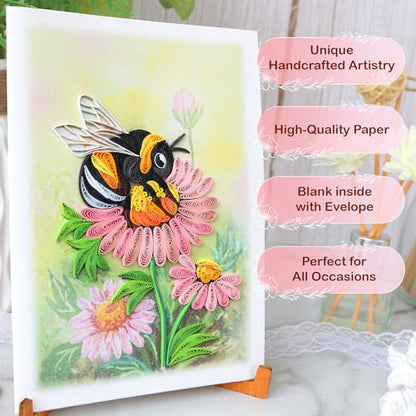 KingKraft Bee Quilling Card, Handcrafted Greeting Card for All Occasions, Birthday, Thinking of You, Get Well, Anniversary Card for Wife, Valentines Day, Mothers Day Card, Blank Inside - color: Bee
