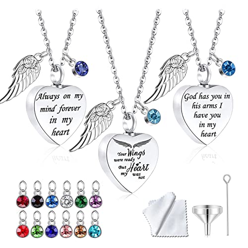 weikui 3 pieces Heart Cremation Urn Necklace for Ashes Memorial Keepsake Pendant with Angel Wing Birthstone Stainless Steel Remembrance Jewelry -Your wings were ready But my heart was not