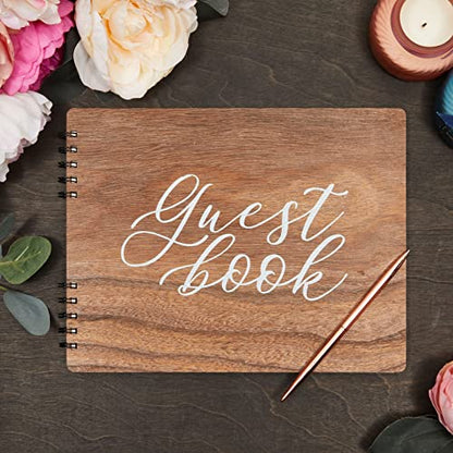 Paper Junkie Rustic Wooden Guest Book for Party - 112 Pages, 11.25 x 8.75 in Brown Wood Cover - Wedding & Baby Shower Guest Book Sign in
