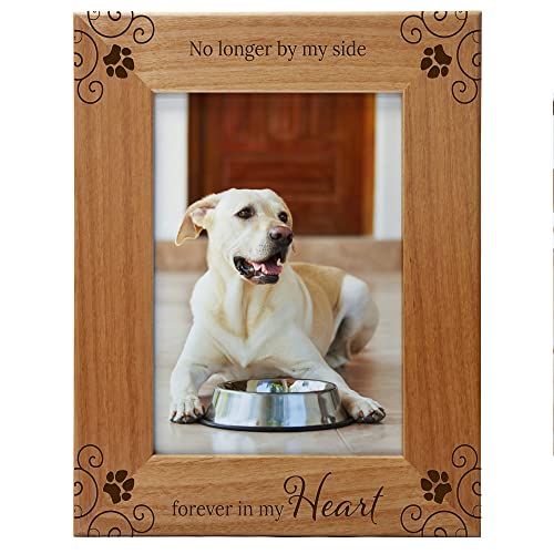 No Longer By My Side, Forever In My Heart, Pet Memorial Picture Frame Engraved Natural Wood Fits a 5x7 Vertical Portrait, Frame for Condolence for Animal Lovers to Keep Memories Alive - size: 5x7 Vertical