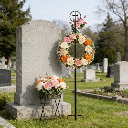 2Pcs Cemetery Wreath Stands, 38" Adjustable Metal Gravestone Wreath Holder - size: 2pcs Wreath Holders