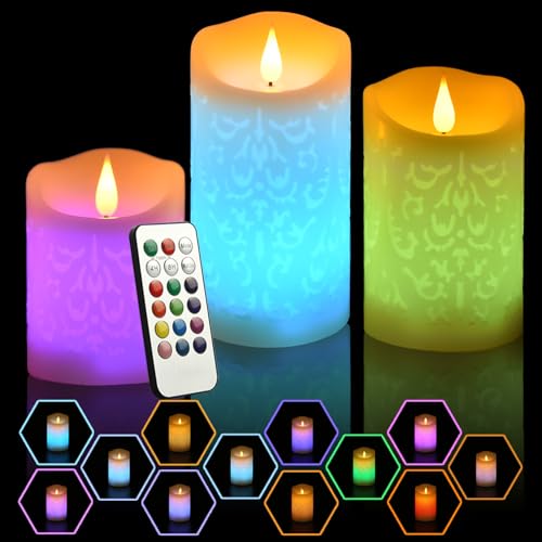NICEME 3PCS LED Multi Colored Flameless Candles with Remote Control Timer Color Changing Candles Realistic Wax Battery Operated Candles with Flickering Flame, D3 x H4 5" 6" - color: Ivory Carving, size: D 3”×H 4”5”6”