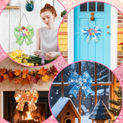 Cinnvoice Seasonal Diamond Art Hanging Kit,12 Pcs,Bow | Holiday Diamond Art Wreath Ornament, Month Gem Hanging Sign, Festival Crystal Suncatcher, for Door Window Wall Home Decor - style: Bow