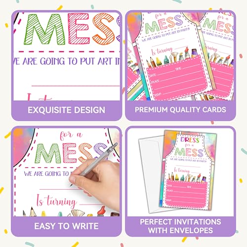 Invitations for Girls Boys - Art Painting Bday Invites with Envelopes(25-Count) - Paint Craft Fill-in Invite Cards for Party Supplies Favors Decorations - F18 - style: Dress for a Mess