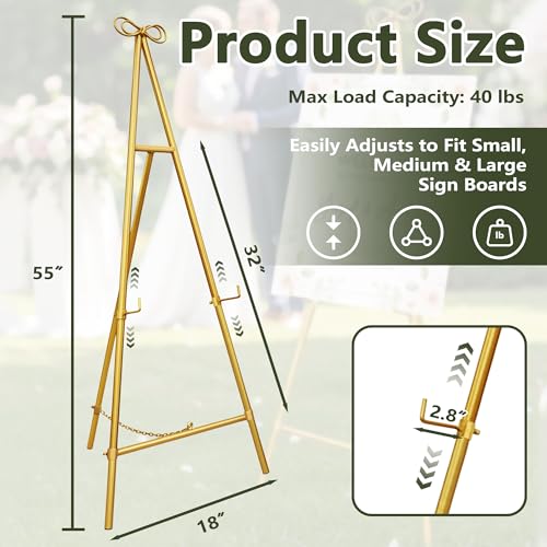 Gold Easel Stand for Sign, 55'' Adjustable Easel Stand for Display, Metal Easel Display Stand Heavy Duty(Round Tube) - color: Gold