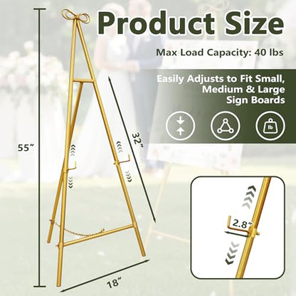 Gold Easel Stand for Sign, 55'' Adjustable Easel Stand for Display, Metal Easel Display Stand Heavy Duty(Round Tube) - color: Gold