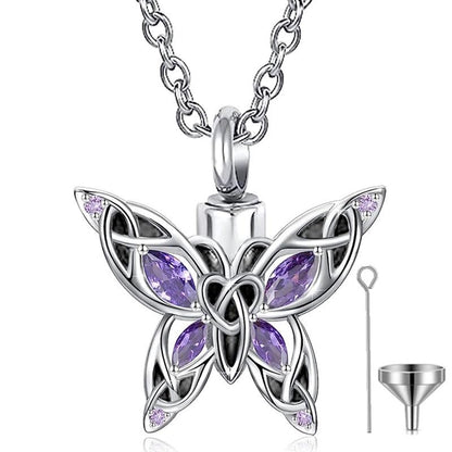Q&D&S Cremation Butterfly Urn Necklace Jewelry for Ashes for Women Stainless Steel Inlaid Crystal Memorial Pendant Human Pet Ash Holder Gift A Loss of Loved Ones - color: purple