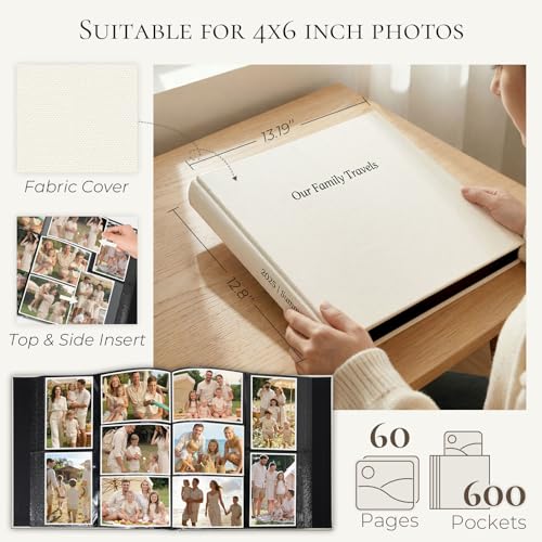 Vienrose Family Photo Album 4x6 600 Pockets Photo Window Beige | Cloth Cover，Family Crystal Stickers，Tweezers，Acid Free Pages - color: Famliy theme, size: 600k
