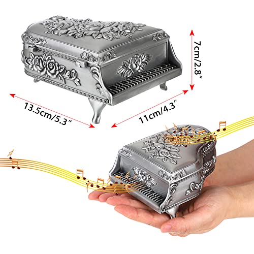 ELLDOO Vintage Piano Music Box, Silver Metal Wind Up Musical Jewelry Box Keepsake Box, Small Trinket Jewelry Storage Box Gift for Girl Women (Tune: You are My Sunshine)