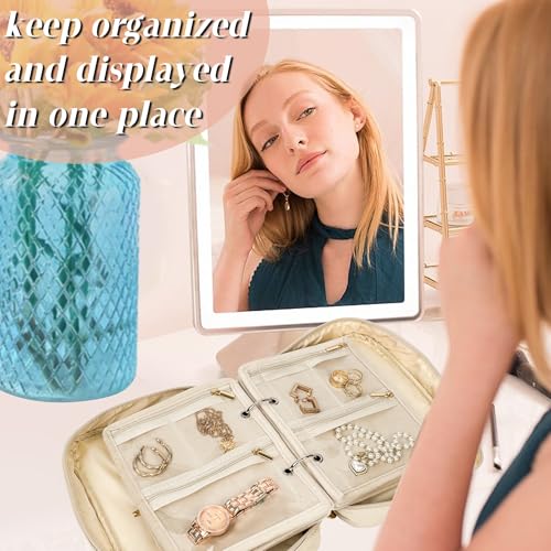 Travel Jewelry Organizer Case,Jewelry Bags Jewelry Storage Book Binder with Clear Zipper Velvet Pouch for Traveling,Earrings, Rings, Necklace, Bracelet (White) - color: Beige