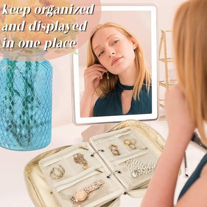 Travel Jewelry Organizer Case,Jewelry Bags Jewelry Storage Book Binder with Clear Zipper Velvet Pouch for Traveling,Earrings, Rings, Necklace, Bracelet (White) - color: Beige