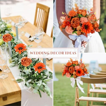17PCS Fall Flowers Sunflowers Artificial Flowers Fake Rose with Mums - color: Orange