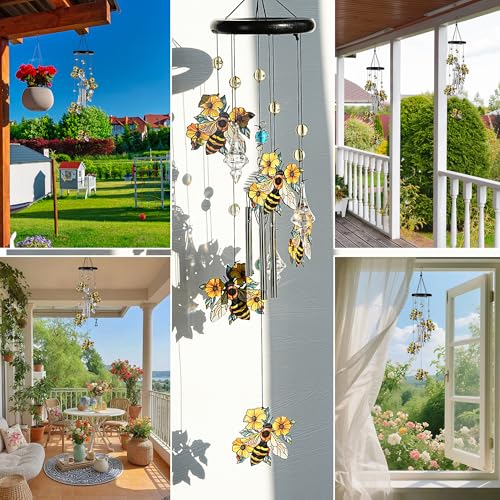 YU FENG Bee Wind Chime with Crystal Suncatcher, Memorial Outdoor Decor | 27 Inch Metal Hanging Chime, Bee Design, Meaningful Gift For Mom Grandma, Garden Yard Patio Decoration - style: Wildflower – Bee – 27 Inch