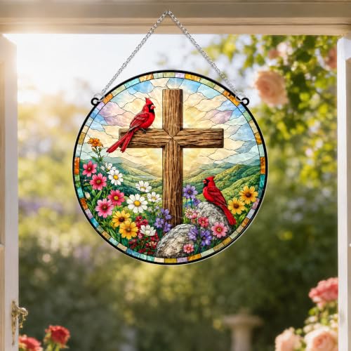 Cardinals with Jesus Cross Memorial Suncatcher, 8" Christian Stained Glass Wavy Acrylic Window Hanging, Sympathy Gift for Loss of Loved One, Mom, Dad, Grandma, Family Member, Religious Gifts for Women - color: Cardinal With Jesus Cross