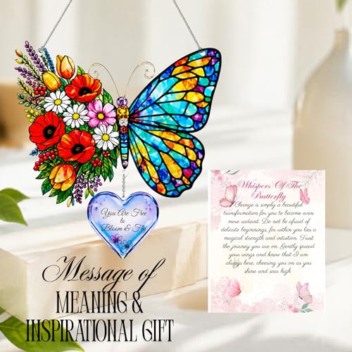 Inspirational Butterfly Gift for Women, Bloom and Fly Suncatcher with Heart Charm, Encouragement Gift for Friend, Mom, Daughter, Sister - color: Butterfly Heart Charm