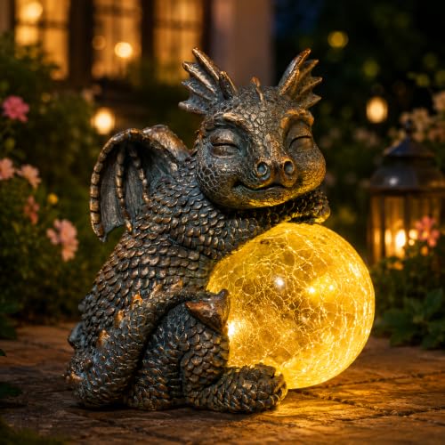 Solar Dragon Garden Statue, Dragon Solar Lights with Crackled Glass Globe | Solar Dragon Statue with Glowing Light, Fantasy Outdoor Decor for Garden, Patio, Yard, Fairy Ggarden and Dragon Lovers Gifts - color: Sleeping Dragon