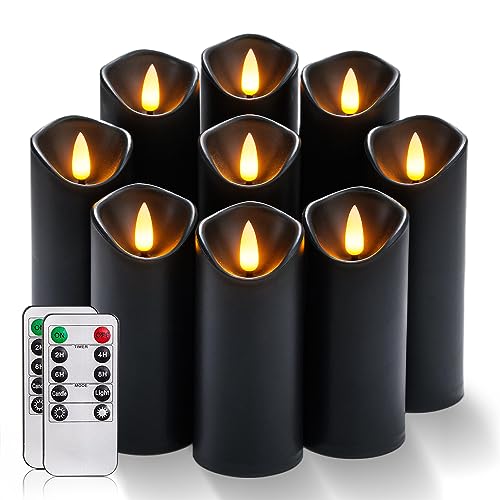 Homemory Black Flameless Candles, Halloween Candles, Battery Operated Candles, LED Pillar Candles with Remote Control and Timers, Set of 9 | Plastic shell, battery operated flickering c, les, dual remotes, indoor Halloween party, mantel, staircase , table