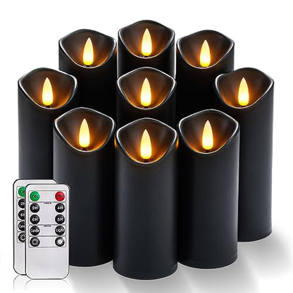 Homemory Black Flameless Candles, Halloween Candles, Battery Operated Candles, LED Pillar Candles with Remote Control and Timers, Set of 9 | Plastic shell, battery operated flickering c, les, dual remotes, indoor Halloween party, mantel, staircase , table